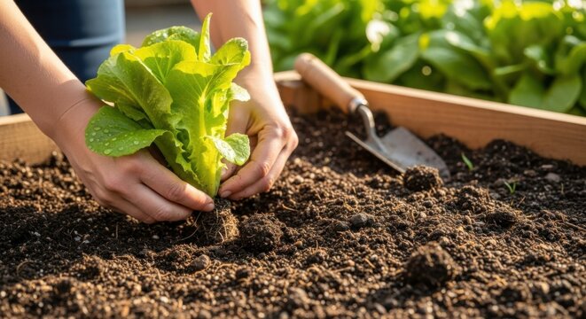 Sustainable gardening concept: hands planting lettuce in organic vegetable garden for healthy lifestyle design