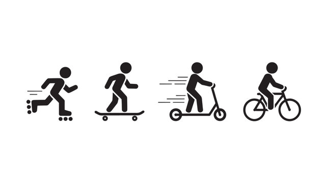 Set of active transportation icons including roller skating skateboarding scooter riding and bicycling simple flat vector design isolated on white background