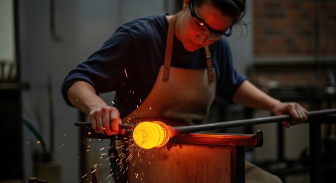 Skilled glassblower shaping molten glass in artisan workshop for creative craft design