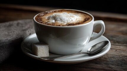 Obraz premium A close up of a frothy coffee likely a flat white or cappuccino in a white cup with sugar cube and spoon on a wooden table