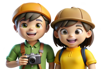 Cartoon tourists boy and girl with camera and backpacks smiling happy, travel adventure concept illustration, isolated on transparent background