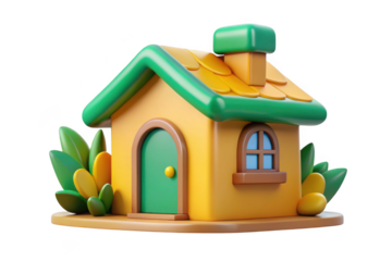 Cute cartoon house 3d render illustration yellow green roof door window chimney building architecture isolated on transparent background