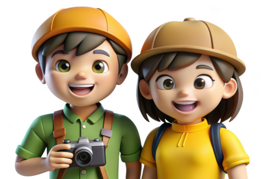 Cartoon tourists boy and girl with camera and backpacks smiling happy, travel adventure concept illustration, isolated on transparent background