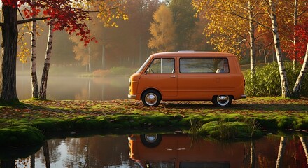 Vintage Orange Van Retreats to Lakeside Haven Amidst Autumn Splendor