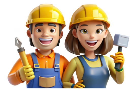 Cartoon construction workers man and woman with tools in uniforms smiling 3d render isolated on transparent background
