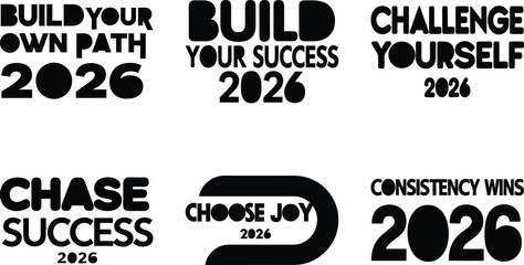 Six black typography phrases with 2026 on white background text