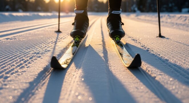 Cross country skiing at sunrise - winter outdoor adventure and recreation