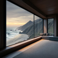 Fototapeta premium Cliffside home with panoramic ocean view, modern interior, large windows, tranquil atmosphere, coastal landscape, sunset light