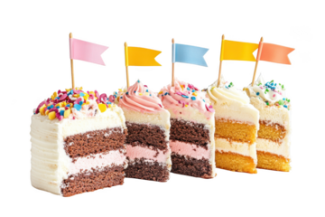 Delicious cake slices with colorful flags and sprinkles png image for dessert lovers and bakers, perfect for party decorations isolated on transparent background