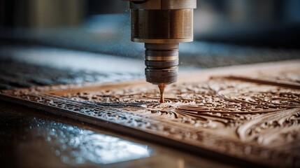 Precision CNC router carves intricate wood patterns, creating detailed decorative panels with fine craftsmanship and advanced technology.