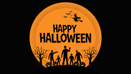 Illustration of happy halloween background with zombies, witch, bats and trees silhouette, great for profile avatar