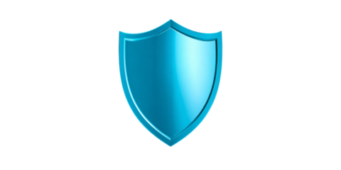 Glossy blue shield emblem on black background, symbol of security, protection and defense in digital world