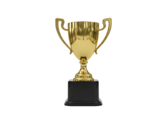 Golden trophy award achievement victory success competition prize champion reward first place isolated on transparent background