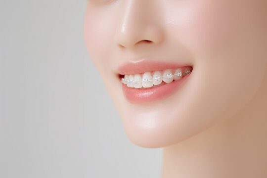 歯科矯正の装置をつけた歯並びの美しい笑顔の女性