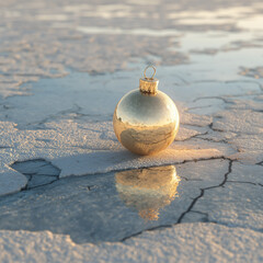 A golden ornament on ice &mdash; contrast between festive warmth and frozen stillness.