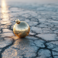 A golden ornament on ice &mdash; contrast between festive warmth and frozen stillness.