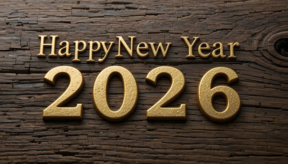 Golden Happy New Year 2026 text on rustic wood background image