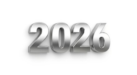 3D Silver Numbers Representing the Year 2026 with a Glossy Finish on a White Background