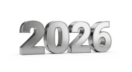 Shiny Metallic Numbers Representing the Year 2026 on a White Background for Creative Use