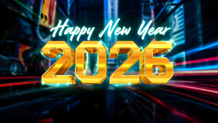 Golden Happy New Year 2026 text with blurred city lights background image