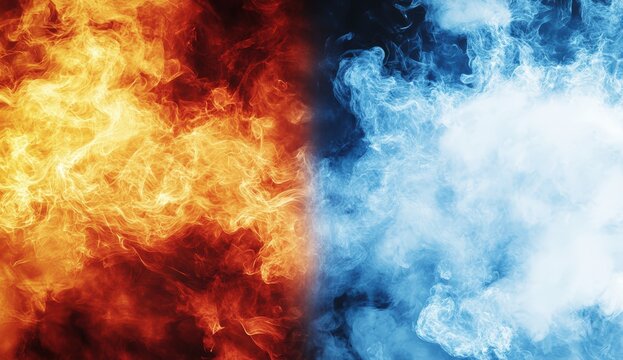 A vibrant split image contrasting fiery orange flames and cool blue smoke, symbolizing the duality of fire and ice.