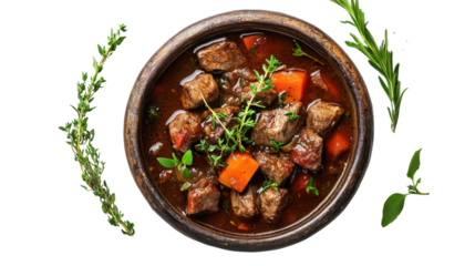 Hearty Beef Stew with Carrots and Herbs isolated on a transparent background