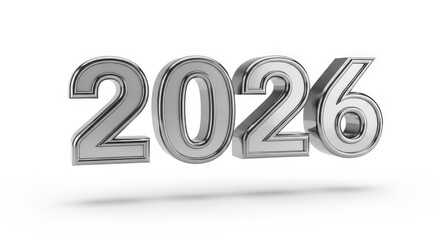 Three-Dimensional Silver Number Design Representing the Year 2026 with a Clean Background