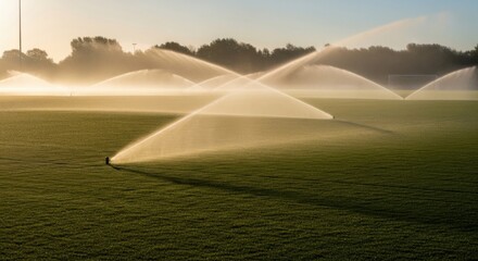 Green field irrigation at sunset with water sprinklers in action
