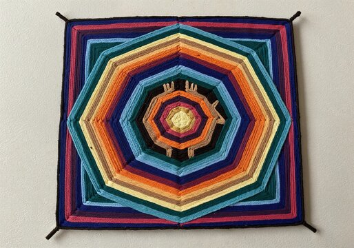 Colorful wixarika yarn painting with symmetrical patterns on white surface