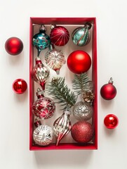 a box with glass Christmas tree decorations.