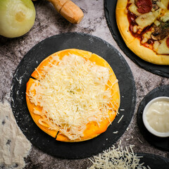 Cheese crust pizza with melted mozzarella, tomato sauce, and golden edges. Crispy outside, cheesy inside — perfect for food photography, menus, or pizza promotions.