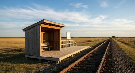Rural train stop in idyllic countryside landscape with wooden shelter at sunset