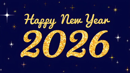 Golden Happy New Year 2026 text with glitter and stars image