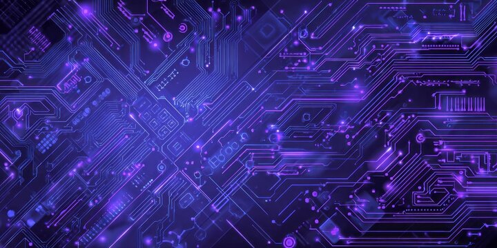 Intricate glowing purple circuit board with complex pathways.