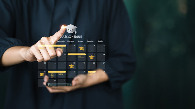 Hand interacting with digital class schedule calendar, academic timetable planning