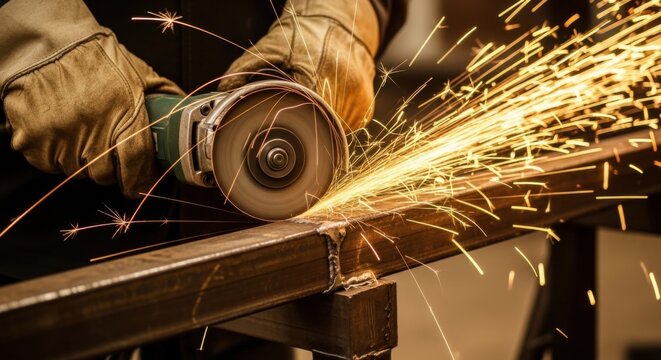 Metalworking sparks flying from grinding machine in industrial workshop for fabrication and construction