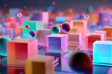 Abstract 3D Cubes and Spheres in Neon Colors