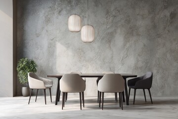 Modern dining room with chairs, table, and pendant lights against a textured wall.