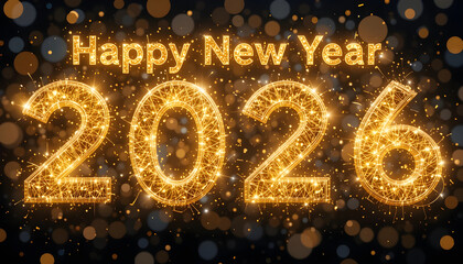 Golden Happy New Year 2026 text with sparkling numbers and bokeh image