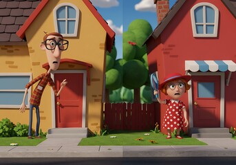 Curious neighbors discover giant green creature between suburban houses, whimsical 3D animation