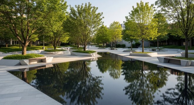 Tranquil modern park landscape with reflective water feature and geometric benches for outdoor inspiration