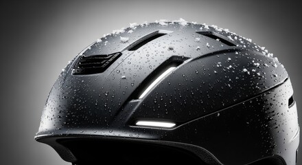 A close-up of a sleek black ski helmet with snow and condensation. Protective winter sports gear for skiing and snowboarding on a gray background