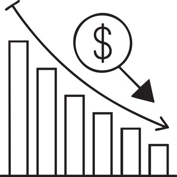 Continuous single line drawing of a downward trending bar graph with arrow showing decline, minimalist economic decrease concept