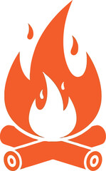 Icon of a bright orange campfire with logs and flames for outdoor adventure and warmth