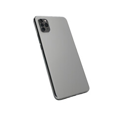 Modern mobile phone in a silver grey finish, back view, angled on black background