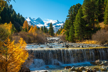 Autumnal view of the Roseg Valley, Switzerland, with trees and autumn colors.