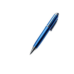 Glossy blue pen, silver accents, angled against a stark black background