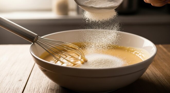 Baking preparation with flour and whisk in warm kitchen, perfect for recipe illustrations