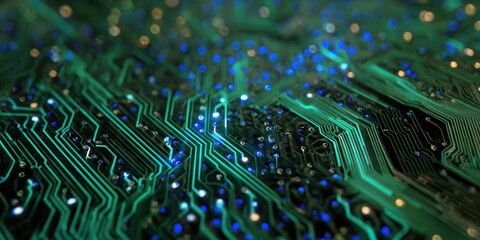 Abstract Circuit Board Close-Up with Glowing Lights
