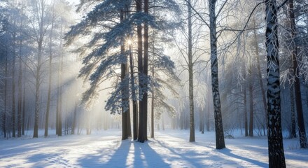 Tranquil winter forest landscape at sunrise with snow-covered trees